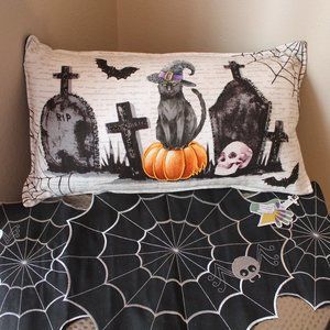 Halloween Beaded Cat Cemetery Bat Witch Pillow NWT
